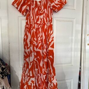 Orange and White Patterned Off-Shoulder Dress